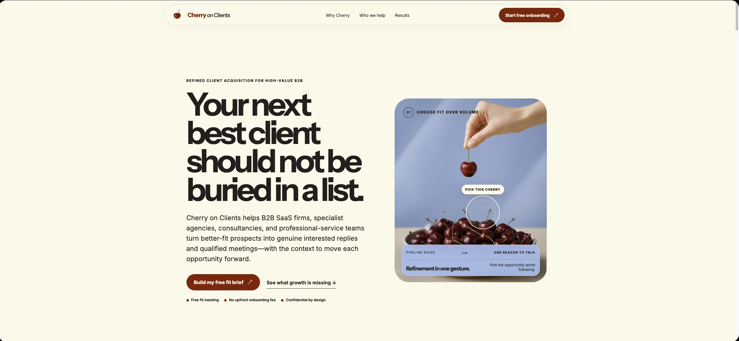 Cherry on Clients homepage presenting its refined client-acquisition service and cherry selection visual